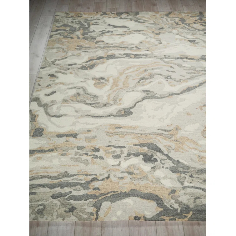 Ivory and Gray Hand Tufted Wool Abstract Area Rug 9' x 12'
