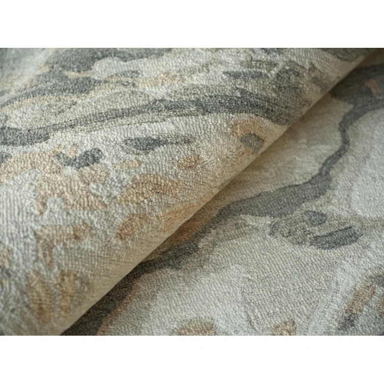 Ivory and Gray Hand Tufted Wool Abstract Area Rug 9' x 12'