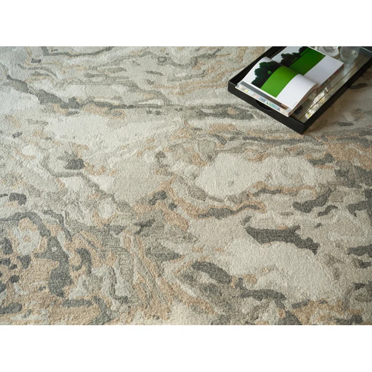 Ivory and Gray Hand Tufted Wool Abstract Area Rug 9' x 12'