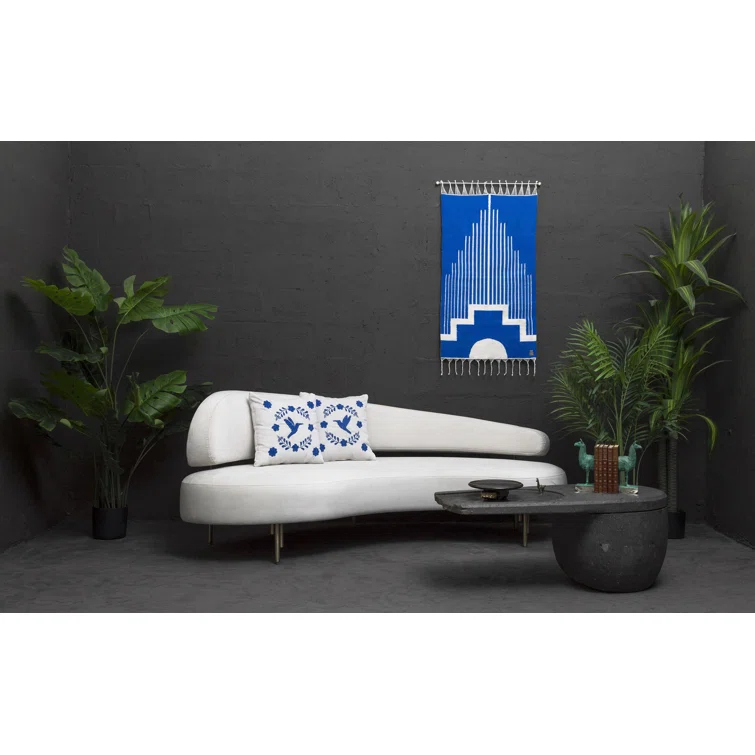 Ivory Velvet Square Embroidered Throw Pillow Set with Blue Floral Design