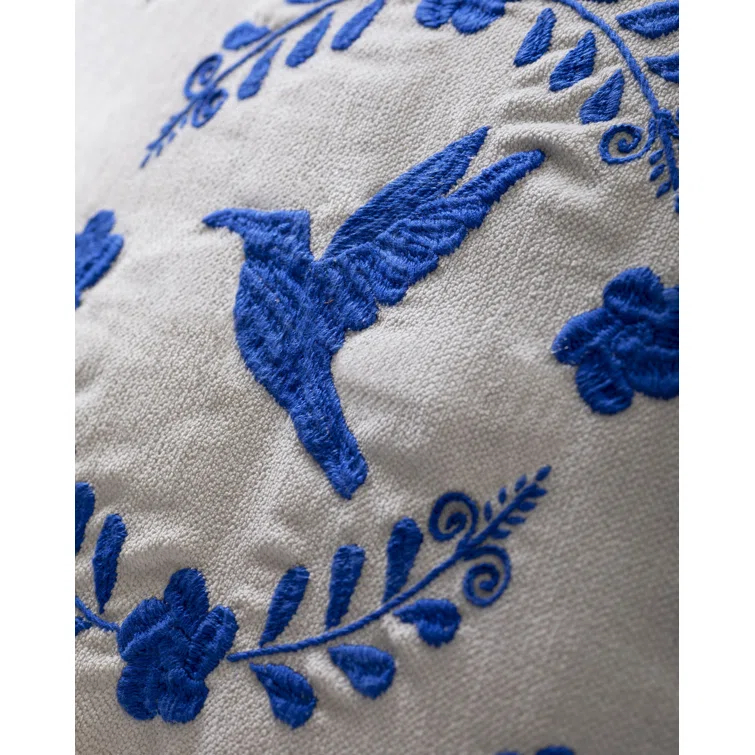 Ivory Velvet Square Embroidered Throw Pillow Set with Blue Floral Design
