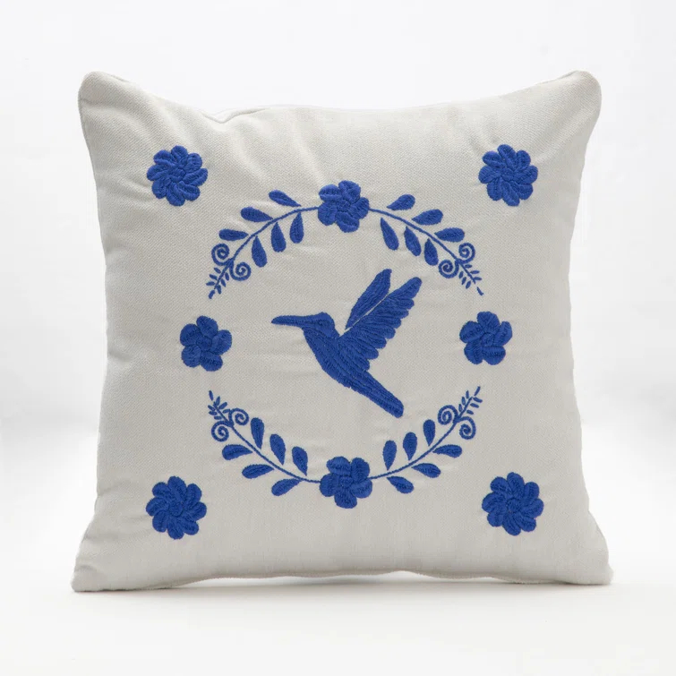 Ivory Velvet Square Embroidered Throw Pillow Set with Blue Floral Design