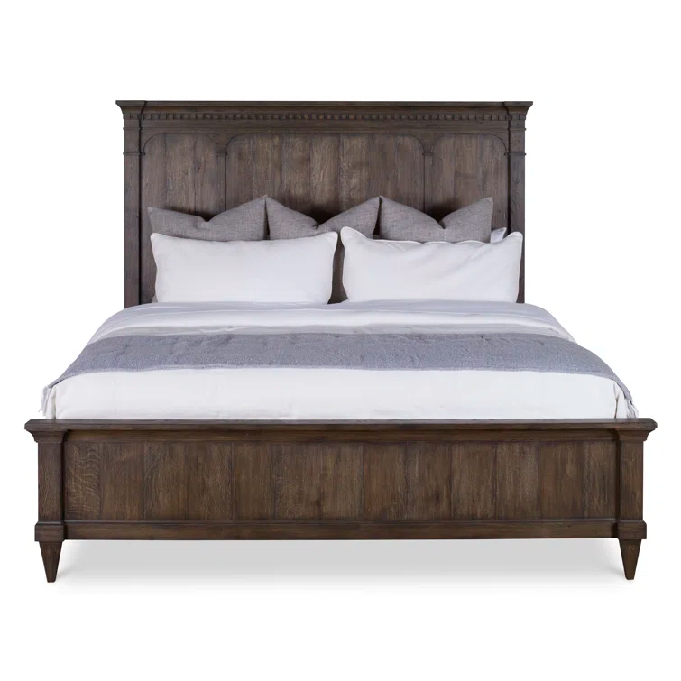 King Size Dark Brown Wood Frame Panel Bed with Headboard