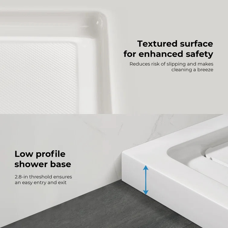 OVE Decors 60" x 34" Rectangle Shower Base Pan, White Acrylic, Hidden Side Drain, Reversible Design