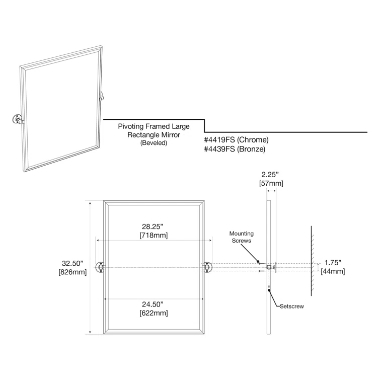 Café Wall Mounted Framed Rectangle Bathroom Vanity Mirror | Pivoting (Tilting) and Beveled Mirror