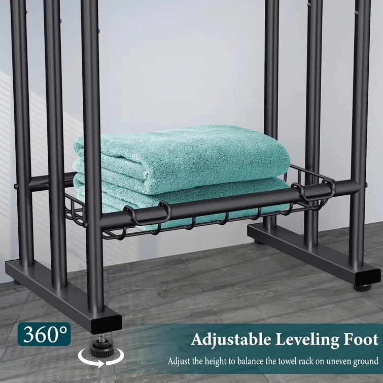 40" High Black 3 Tier Free Standing Towel Rack with Basket - Alloy Steel Stand for Drying & Displaying Oversized Bath Towels in Bathroom, Next to Tub or Shower