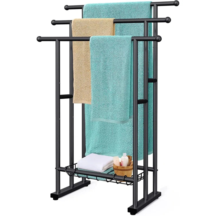 40" High Black 3 Tier Free Standing Towel Rack with Basket - Alloy Steel Stand for Drying & Displaying Oversized Bath Towels in Bathroom, Next to Tub or Shower