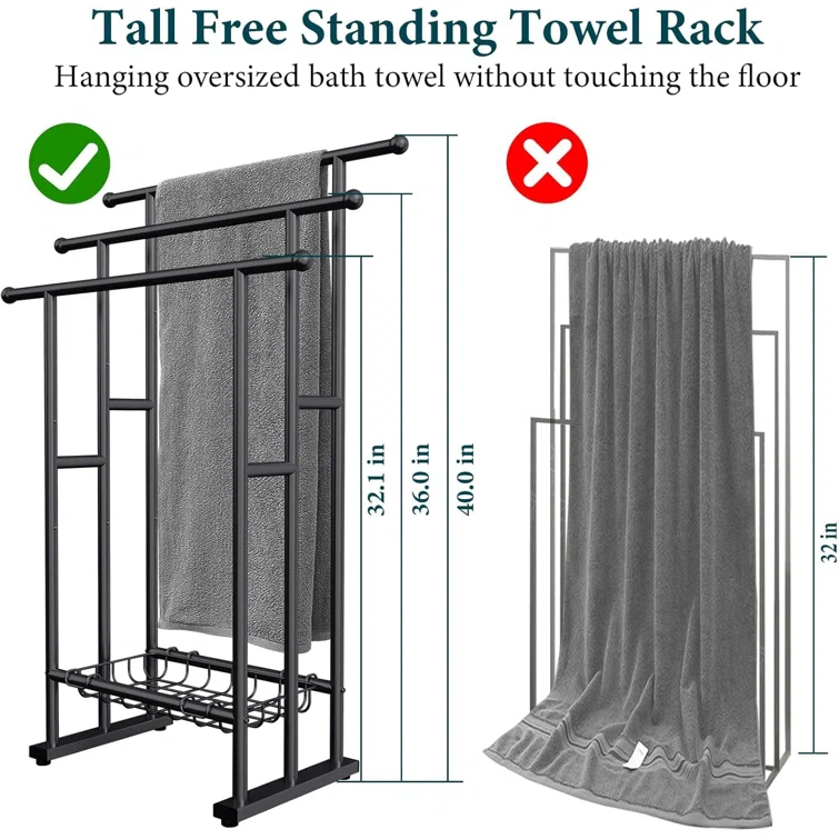 40" High Black 3 Tier Free Standing Towel Rack with Basket - Alloy Steel Stand for Drying & Displaying Oversized Bath Towels in Bathroom, Next to Tub or Shower
