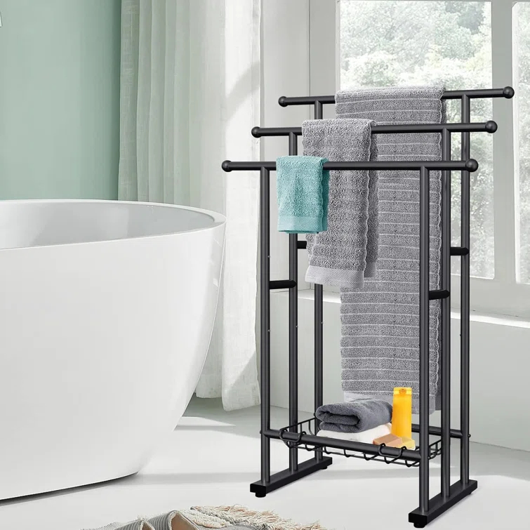 40" High Black 3 Tier Free Standing Towel Rack with Basket - Alloy Steel Stand for Drying & Displaying Oversized Bath Towels in Bathroom, Next to Tub or Shower