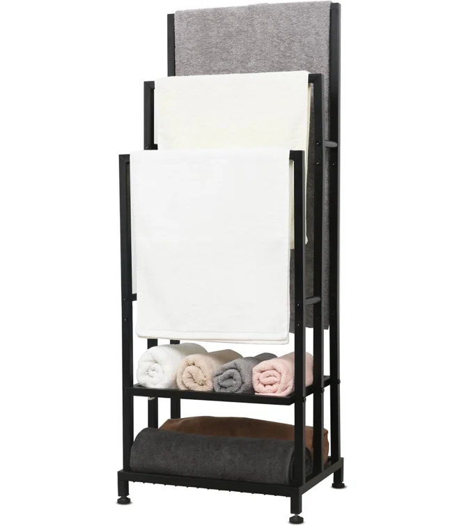 Black 41" H Free Standing 3 Tier Blanket Rack with 2 Storage Shelves - Anti-Rust Towel Rack for Bathroom, Outdoor, Bath & Pool (41"x16"x12")