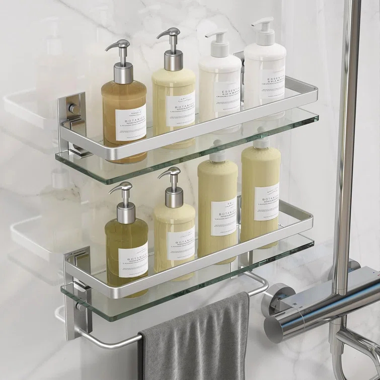 Matte Silver Bathroom Shelves Wall Mounted- Clear Tempered Glass Shelf with Towel Bar and Hand Towel Holder