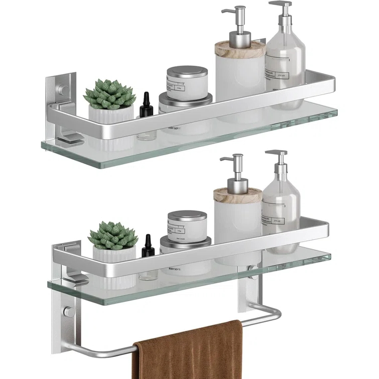 Matte Silver Bathroom Shelves Wall Mounted- Clear Tempered Glass Shelf with Towel Bar and Hand Towel Holder