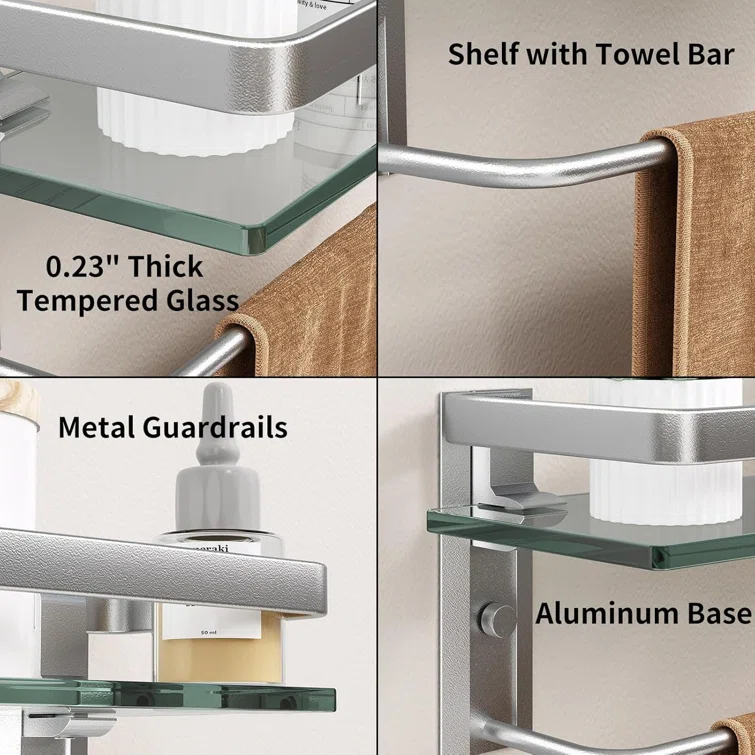 Matte Silver Bathroom Shelves Wall Mounted- Clear Tempered Glass Shelf with Towel Bar and Hand Towel Holder