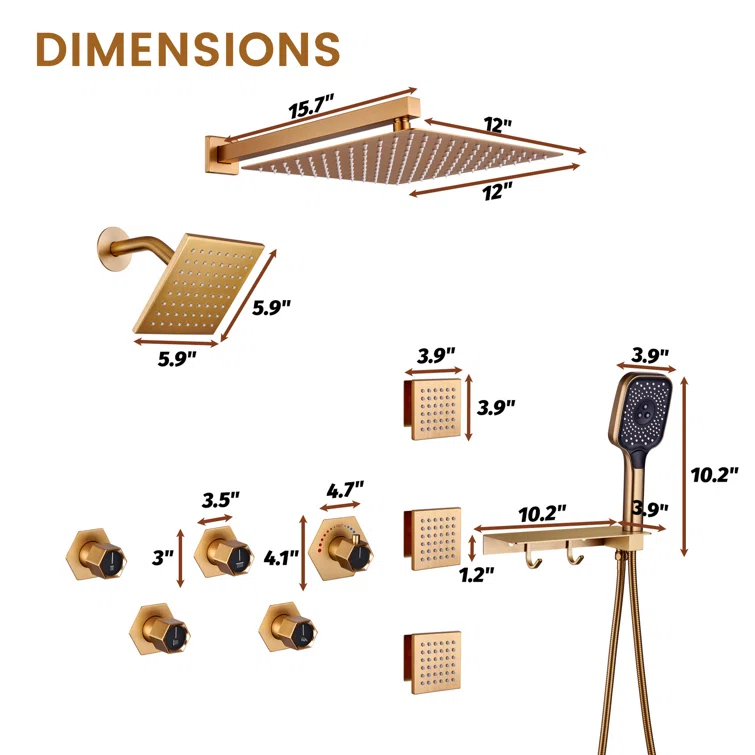 Wall Mounted Dual Shower Head Thermostatic Rainfall Shower System with 3 Body Jets and Storage Shelf