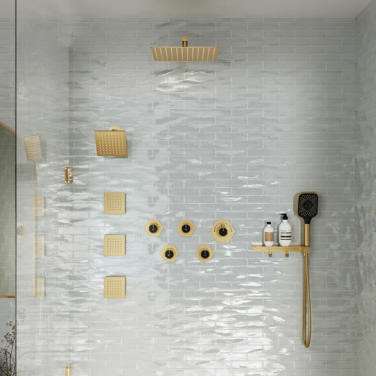 Wall Mounted Dual Shower Head Thermostatic Rainfall Shower System with 3 Body Jets and Storage Shelf