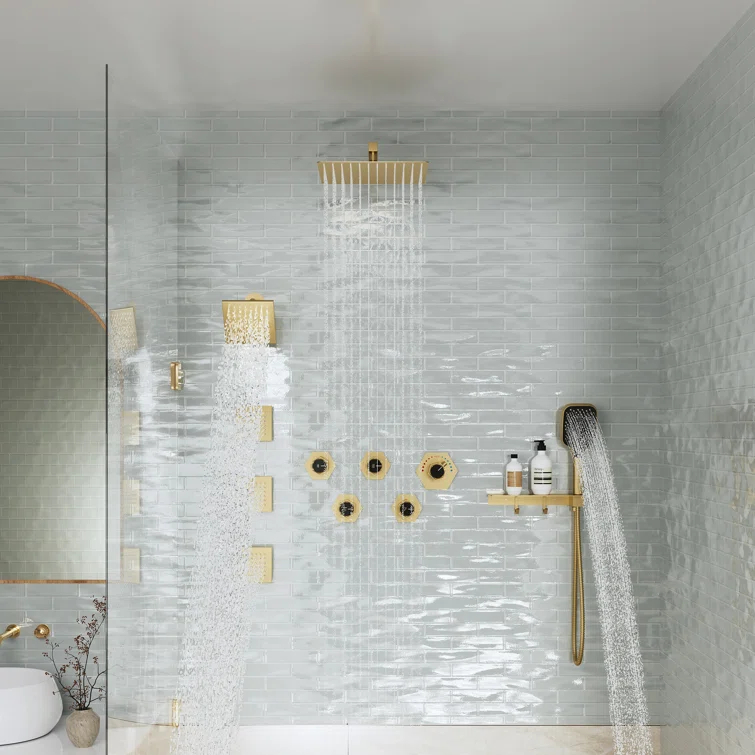 Wall Mounted Dual Shower Head Thermostatic Rainfall Shower System with 3 Body Jets and Storage Shelf