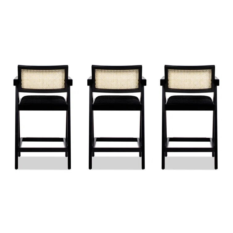 Coulten 25.5" Modern Webbing Back Bar Stool With Arms, Set Of 3, Ebony Black Boucle