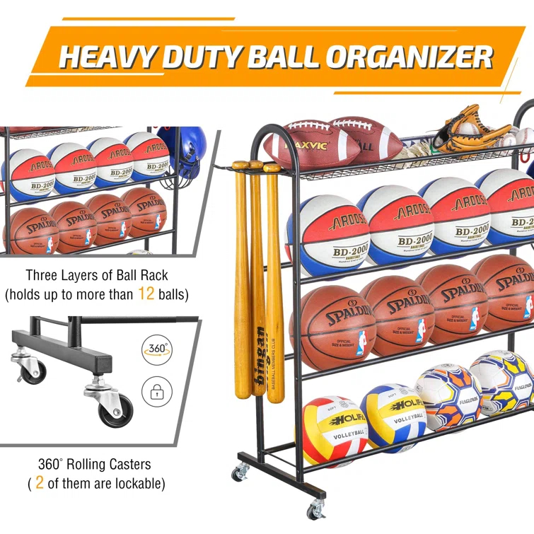4-Layer Sports Equipment Storage Rack With Baseball Bat Holder, 3 Hooks, And Portable Design For Garage, Home, Gym, School