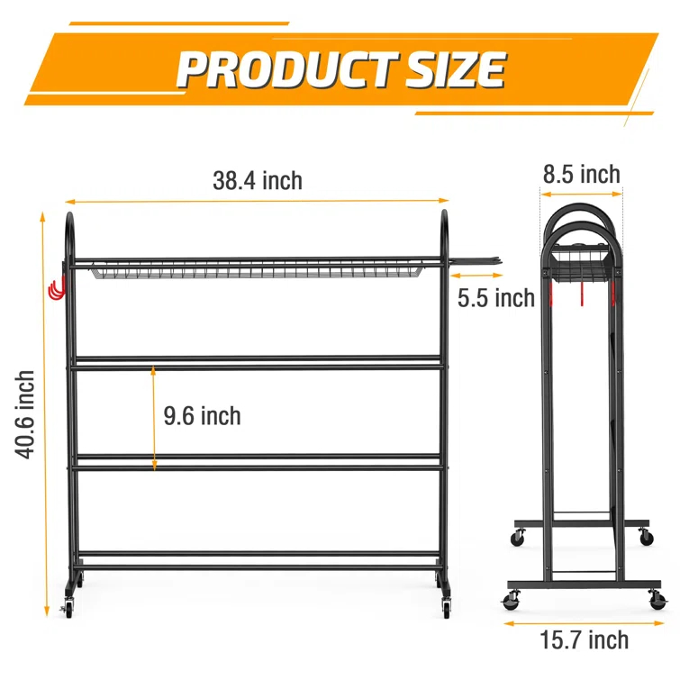 4-Layer Sports Equipment Storage Rack With Baseball Bat Holder, 3 Hooks, And Portable Design For Garage, Home, Gym, School