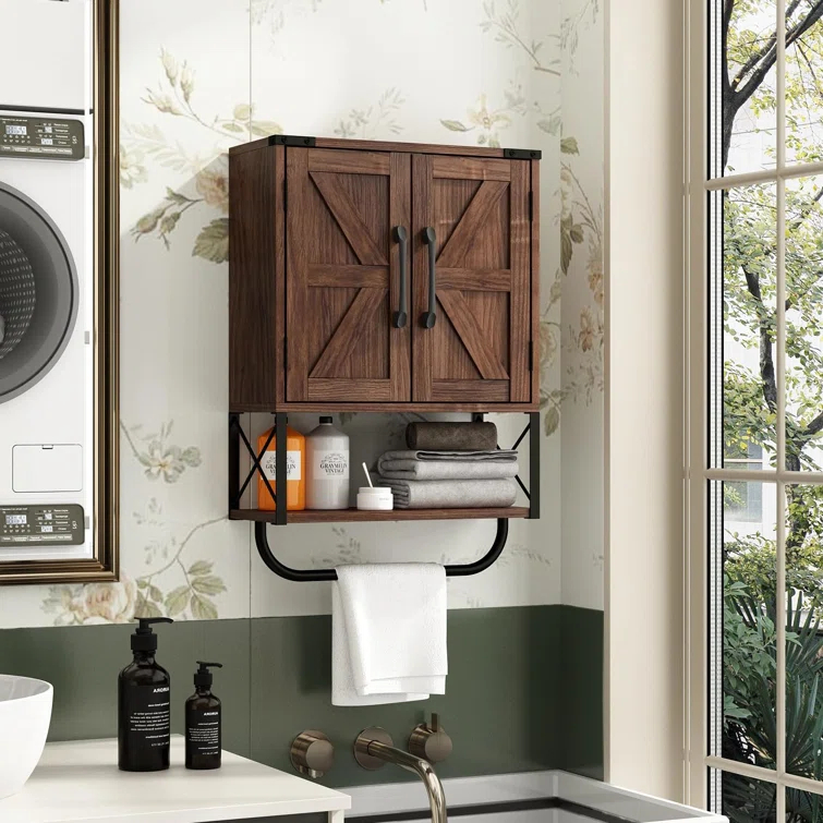 Farmhouse Rustic Medicine Cabinet With Two Barn Door,Wood Wall Mounted Storage Cabinet With Adjustable Shelf And Towel Bar, 3-Tier Cabinet For Bathroom, Living Room