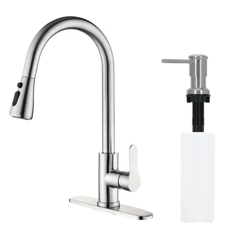 maiguoone ATKW-4047-173 Stainless Steel Single-Handle Pull-Down Sprayer Kitchen Faucet with Soap Dispenser in Brushed Nickel