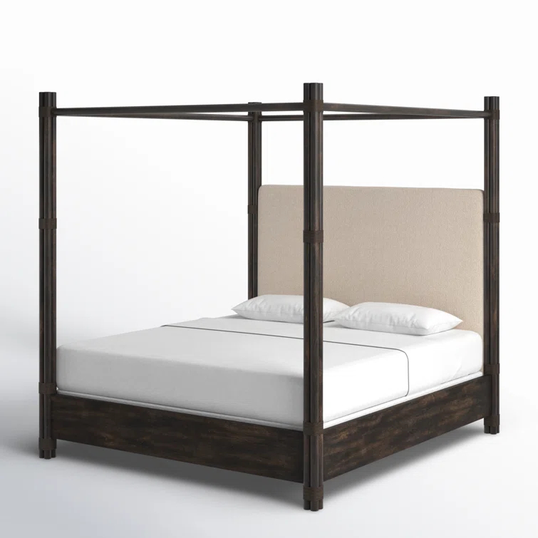 California King Dark Wood and Cream Upholstered Canopy Bed