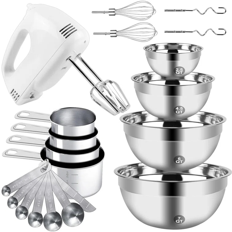 MODERN WALLS LLC B07SJQZVZS Hand Mixer Electric Mixing Bowls Set, 5 Speeds Handheld Mixer With 4 Nesting Stainless Steel Mixing Bowl, Measuring Cups Spoons 200W Kitchen Blender Whisk Beater Baking Supplies For Beginner