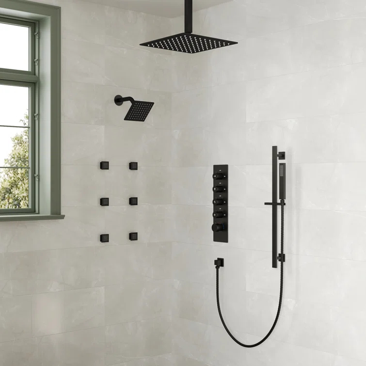 DualJetSpa 15-Spray Patterns 16" & 6" Dual Shower Head, Shower FaucetSystem with Thermostatic Rough-in Valve and Body Jets