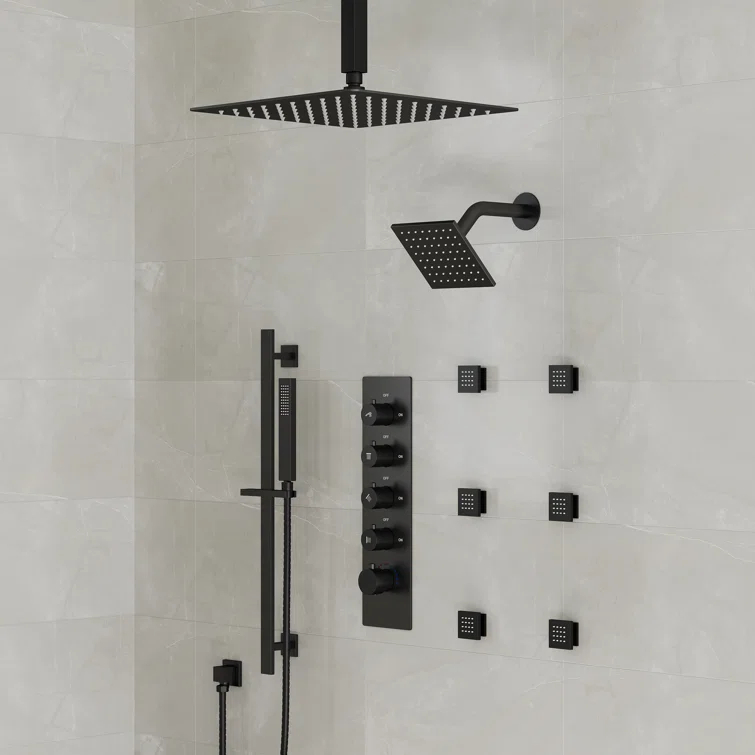 DualJetSpa 15-Spray Patterns 16" & 6" Dual Shower Head, Shower FaucetSystem with Thermostatic Rough-in Valve and Body Jets
