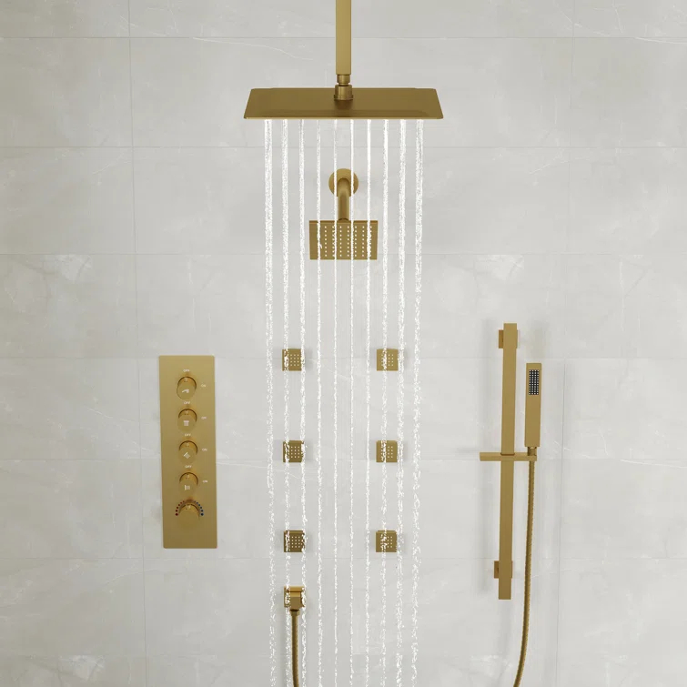DualJetSpa 15-Spray Patterns 16" & 6" Dual Shower Head, Shower FaucetSystem with Thermostatic Rough-in Valve and Body Jets
