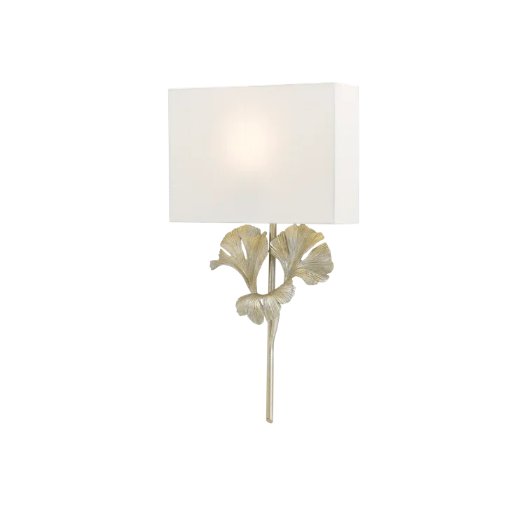 Gingko Distressed Silver Leaf 1-Light Wall Sconce with Off-White Shade