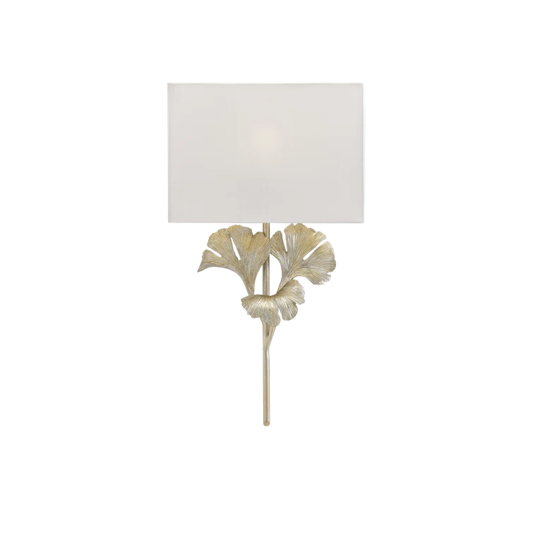 Gingko Distressed Silver Leaf 1-Light Wall Sconce with Off-White Shade