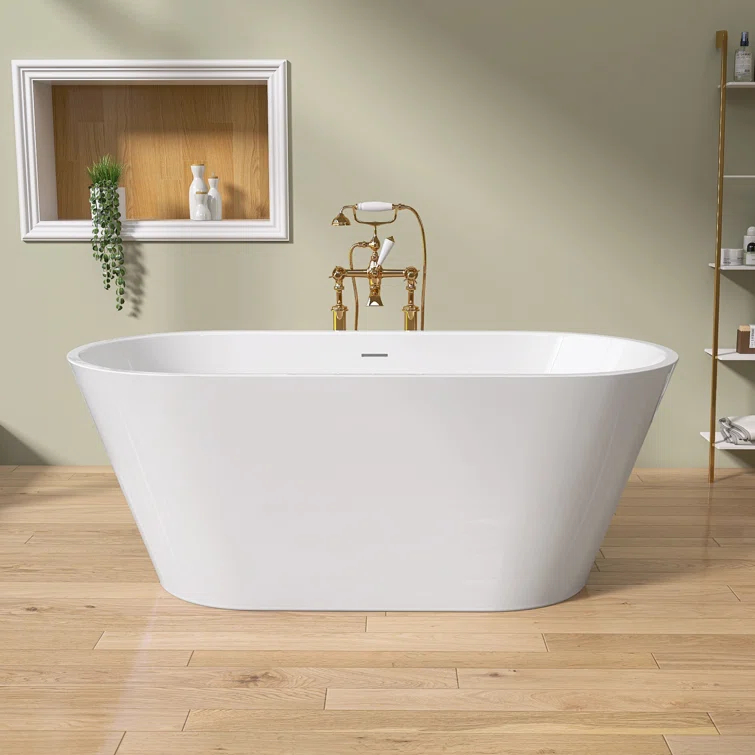 55" Freestanding Soaking Acrylic Bathtub Contemporary Stand Alone Tub with Pop-Up Drain