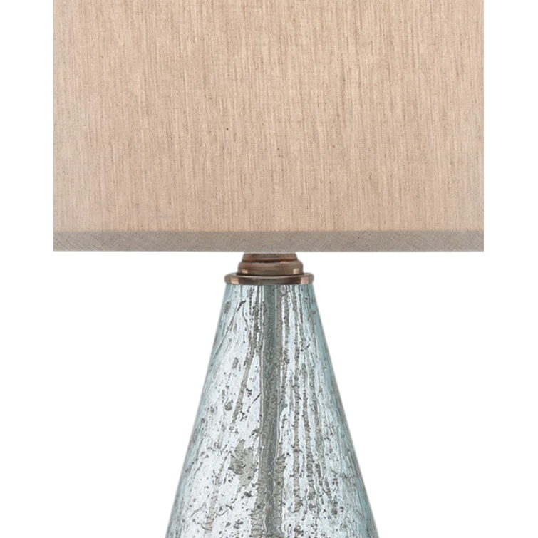 Pale Blue Speckled Glass Table Lamp with Natural Linen Shade