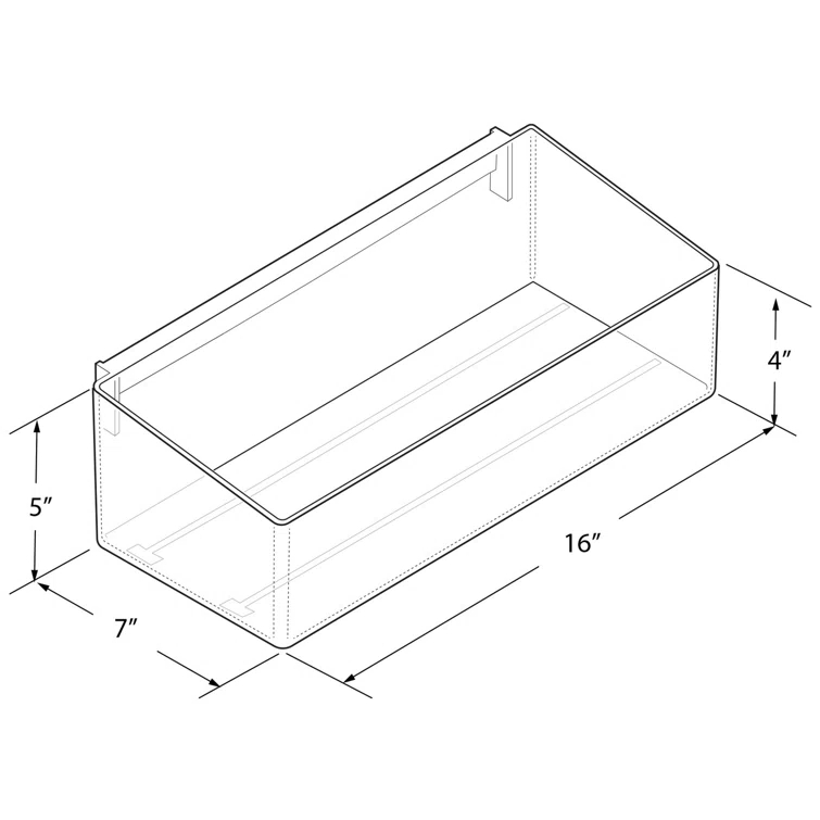 Clear 16” wide Open Bin Tray for Pegboard or Slatwall. Storage Container includes 2 Metal U-Hooks for hanging. Adjustable Slide In Dividers Sold Separately