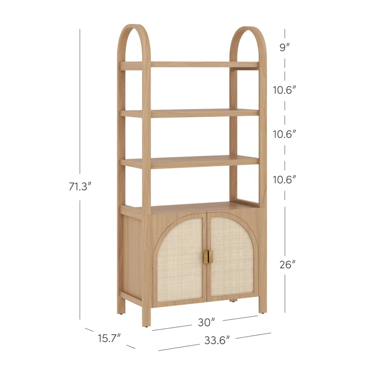 Boho 3-Shelf Bookshelf Cabinet With Rattan Doors