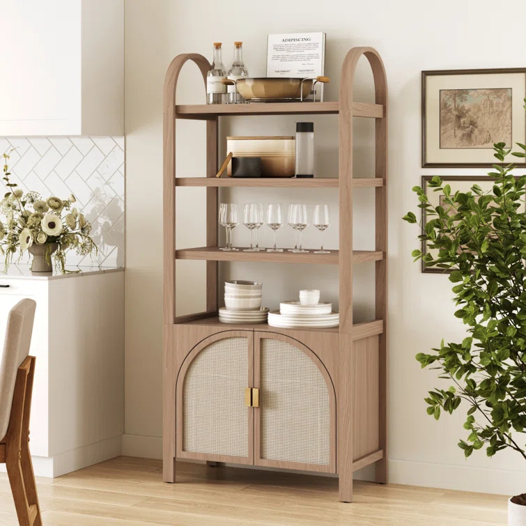 Boho 3-Shelf Bookshelf Cabinet With Rattan Doors