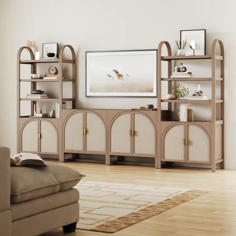 Boho 3-Shelf Bookshelf Cabinet With Rattan Doors