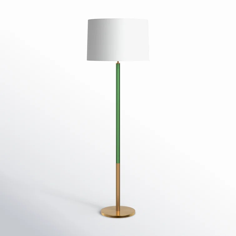Burnished Brass and Green Floor Lamp with White Linen Shade