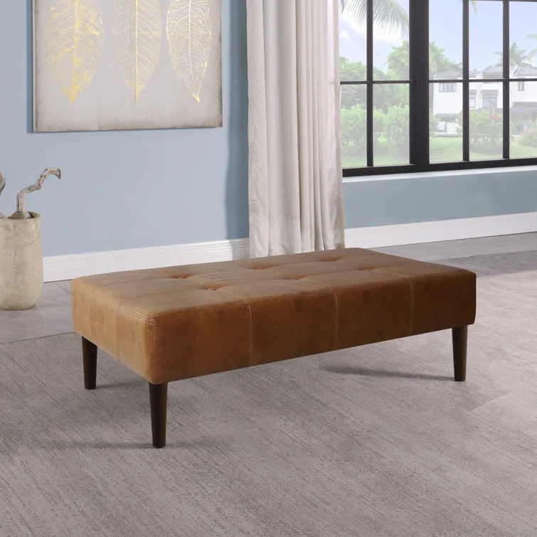 Adryanah Tufted Coffee Table Ottoman Bench - Light Brown Faux Leather