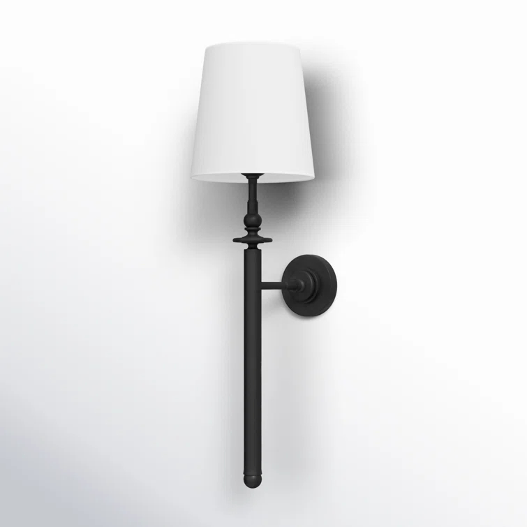 Aged Iron Black Dimmable Wall Sconce with White Linen Shade