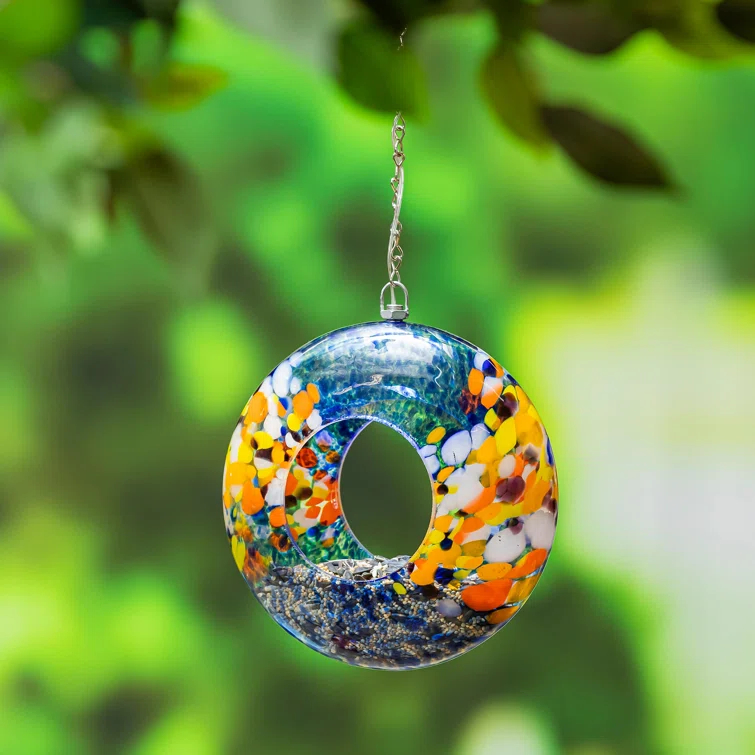 8"D Solar Art Glass Fly Through Bird Feeder, Sky Swirl