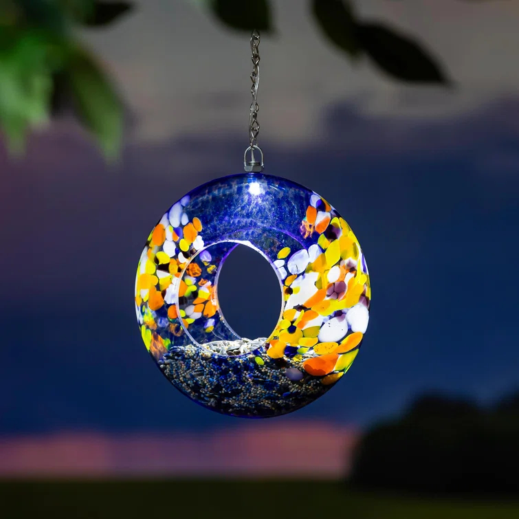 8"D Solar Art Glass Fly Through Bird Feeder, Sky Swirl