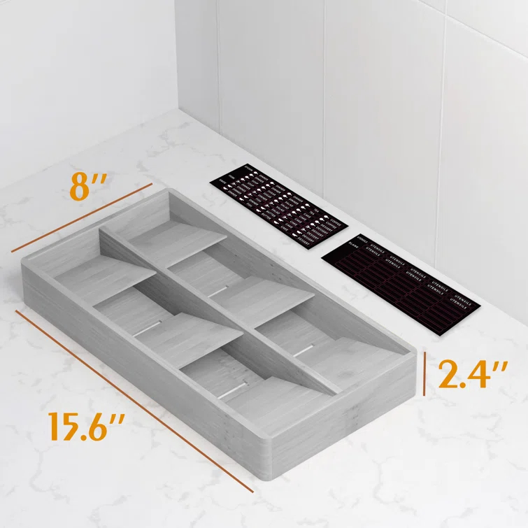 SpaceAid Bamboo Silverware Drawer Organizer with Labels – Kitchen Utensil Tray for Flatware, Cutlery, Spoons, and Knives – 6 Slots (White)