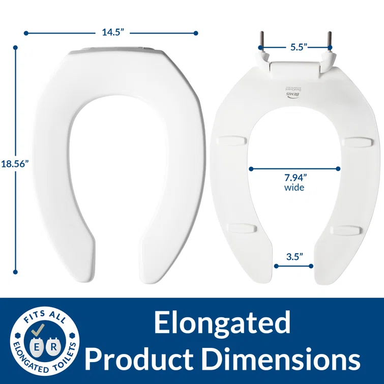 Commercial Heavy Duty Open Front Toilet Seat, Slow Close, Never Loosens, ELONGATED, Plastic, White