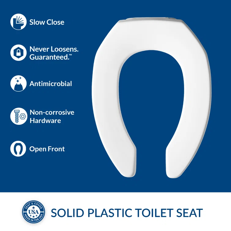 Commercial Heavy Duty Open Front Toilet Seat, Slow Close, Never Loosens, ELONGATED, Plastic, White