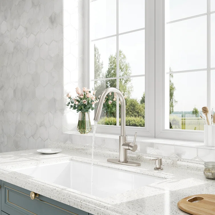 Willow Single-Handle Pull Down Sprayer Kitchen Faucet with Infrared Sensor, Soap Dispenser and Deck Plate