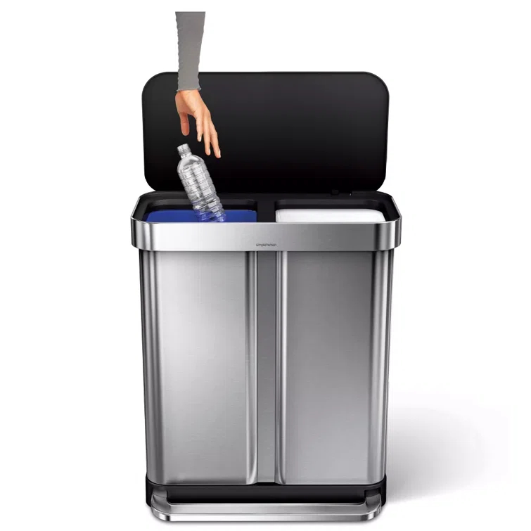 Simplehuman 58L / 15.3 Gallon Hands-Free Dual Compartment Recycling Kitchen Step Trash Can with Lid