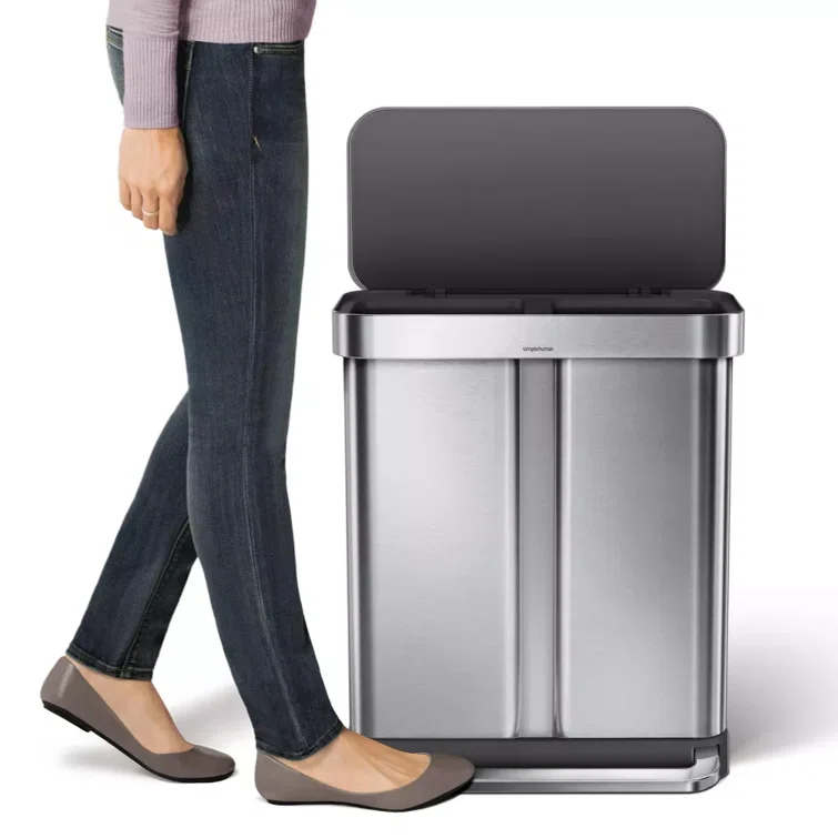 Simplehuman 58L / 15.3 Gallon Hands-Free Dual Compartment Recycling Kitchen Step Trash Can with Lid