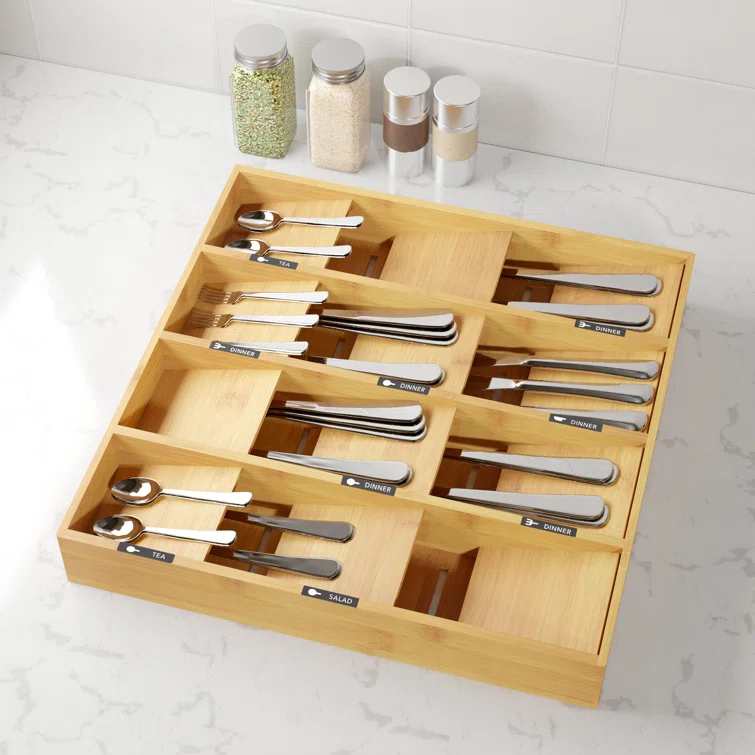 Bamboo Silverware Drawer Organizer with Labels - Kitchen Utensil Tray Holder for Flatware, Cutlery, Spoons, and Knives,Slots